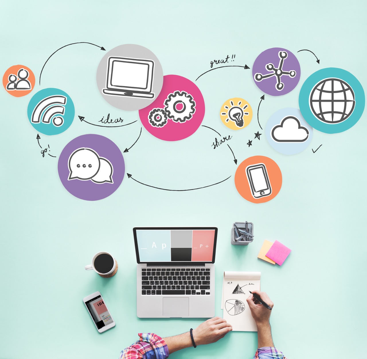 Aerial view of woman working on social media